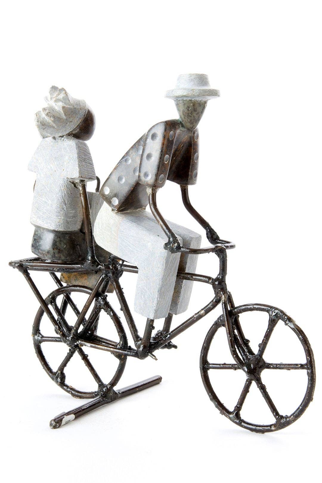 Zimbabwean Stone & Metal Couple Bicycling Figurine