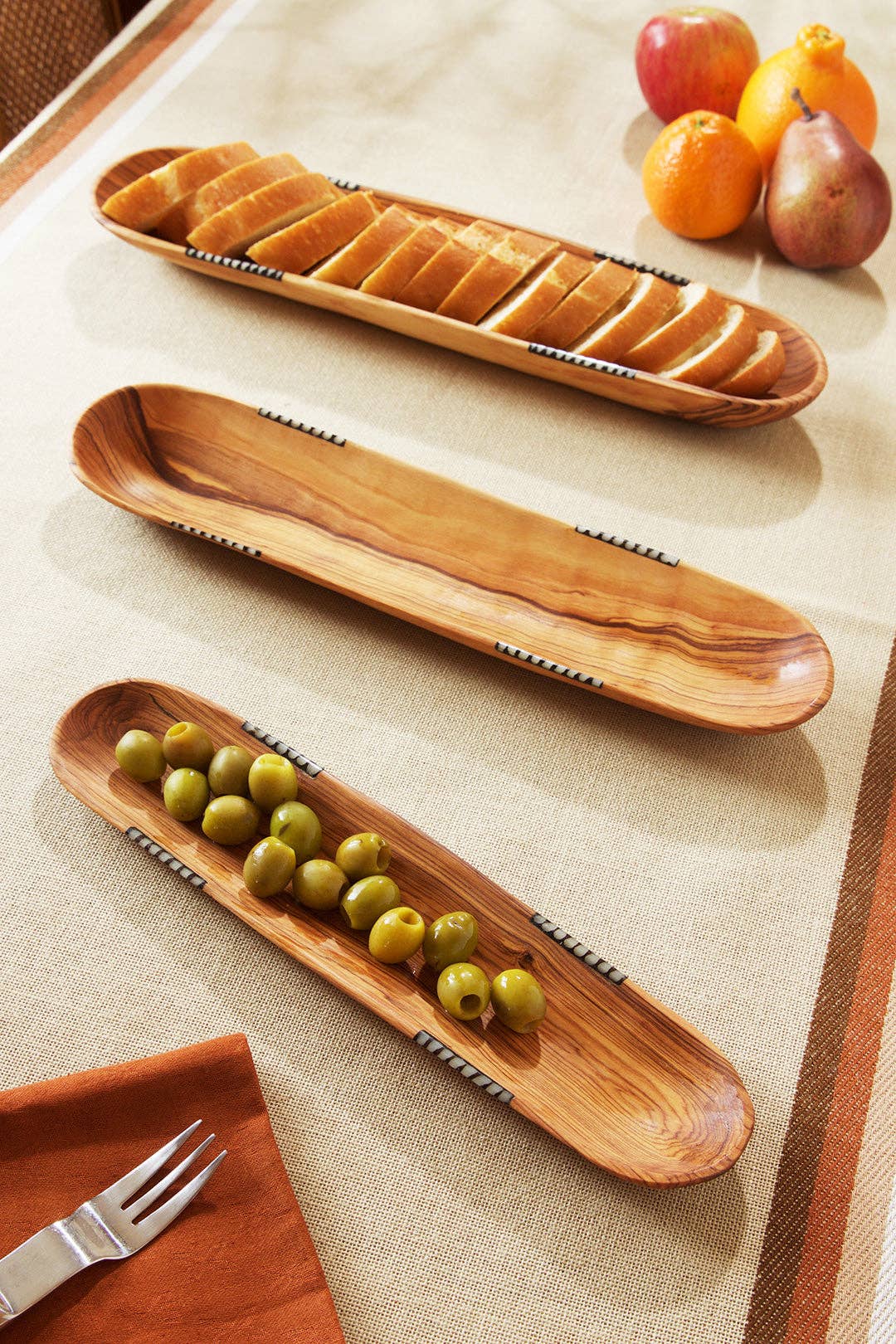 Set of 3 Wild Olive Wood Baguette Trays with Bone Inlay