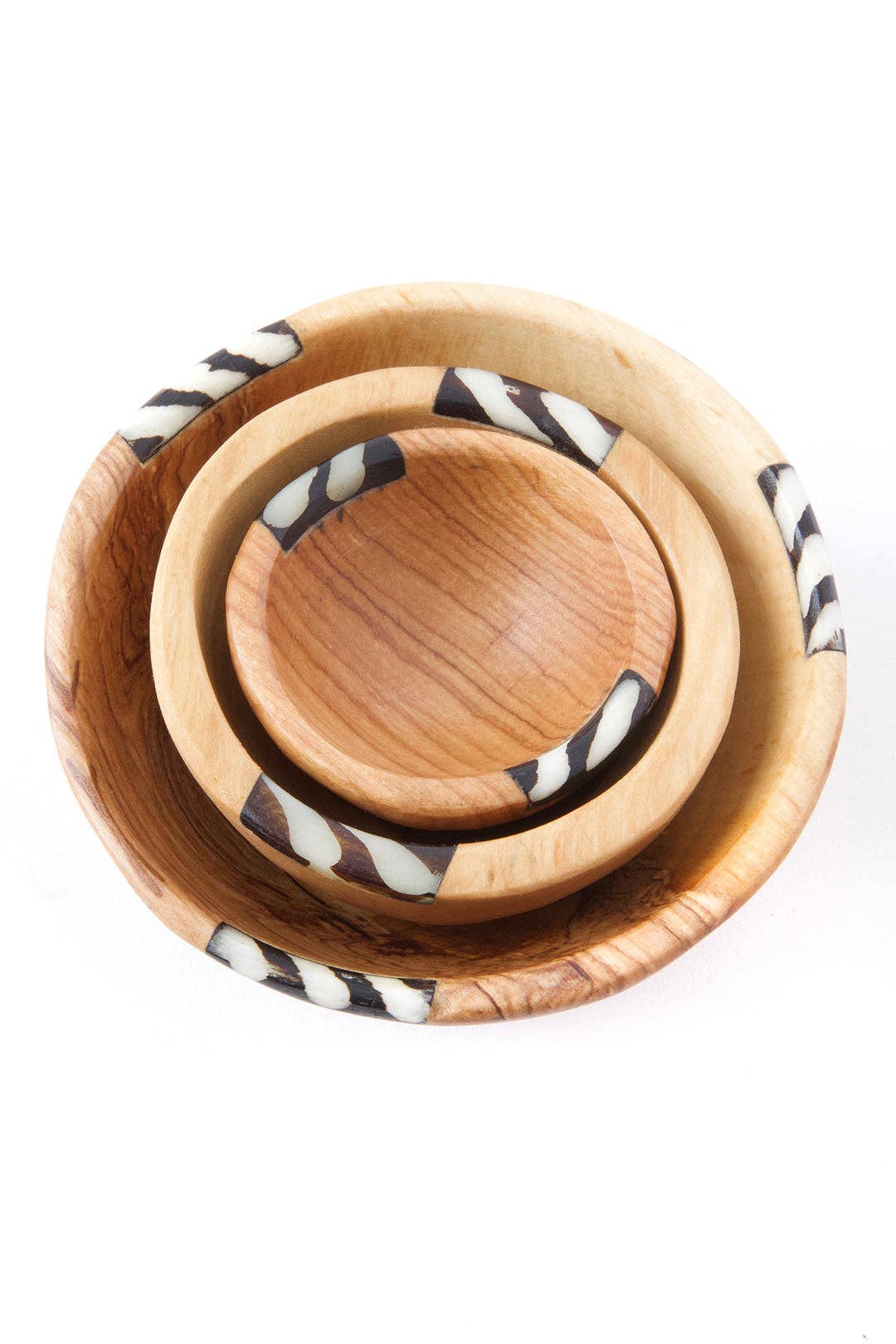 Set of Three Small Wild Olive Wood and Bone Bowls