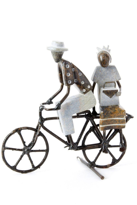 Zimbabwean Stone & Metal Couple Bicycling Figurine