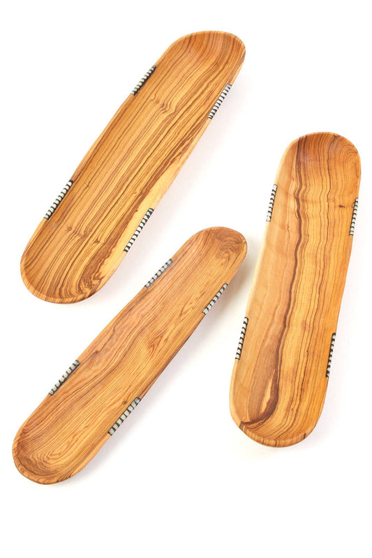 Set of 3 Wild Olive Wood Baguette Trays with Bone Inlay