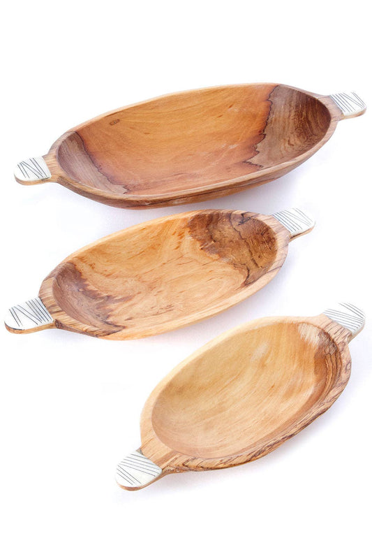 Set of Three Oval Wild Olive Wood Bowls with Striped Bone Handles