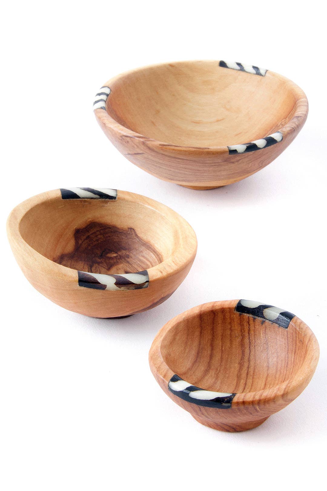 Set of Three Small Wild Olive Wood and Bone Bowls