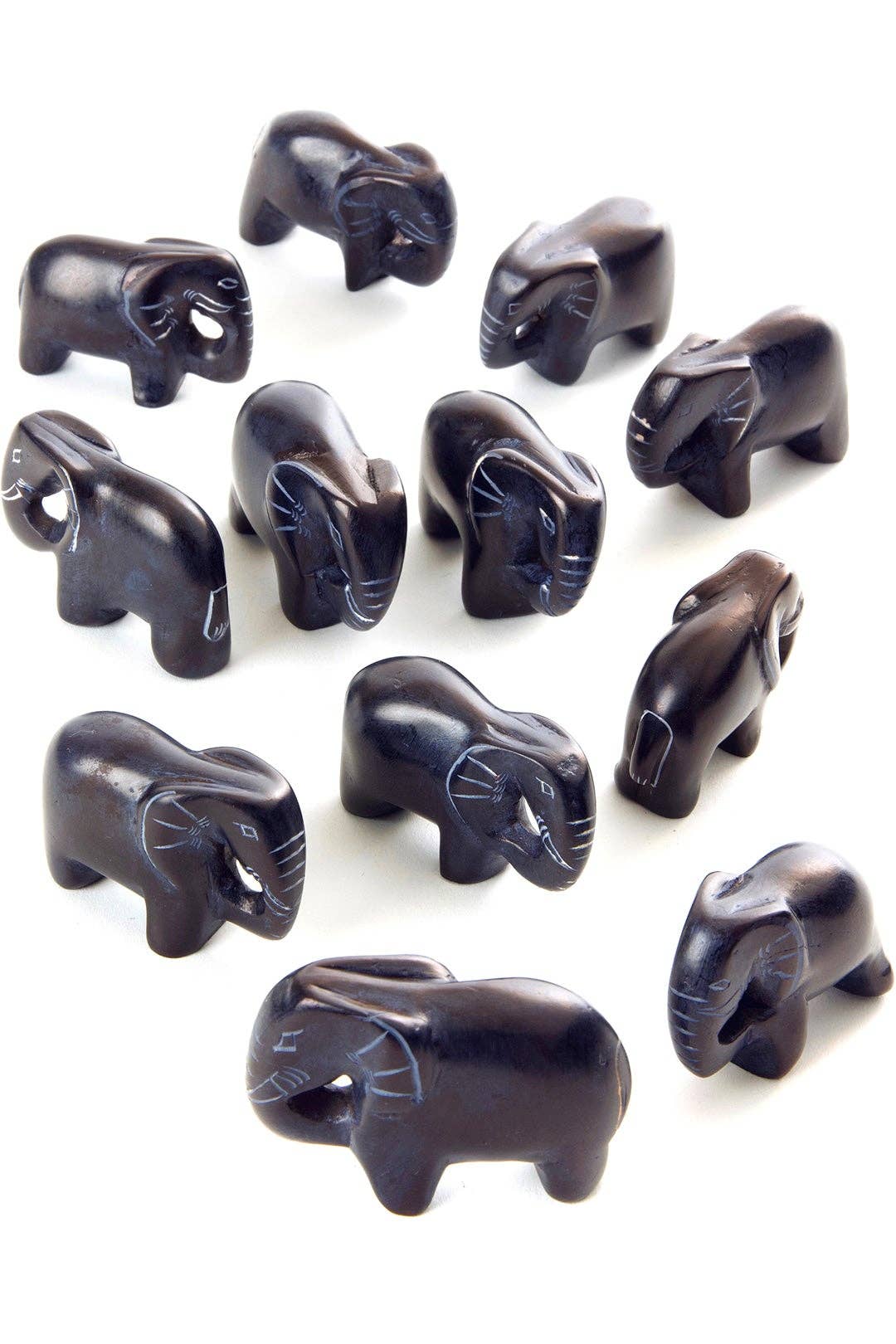 Dozen Tiny Black Soapstone Elephants